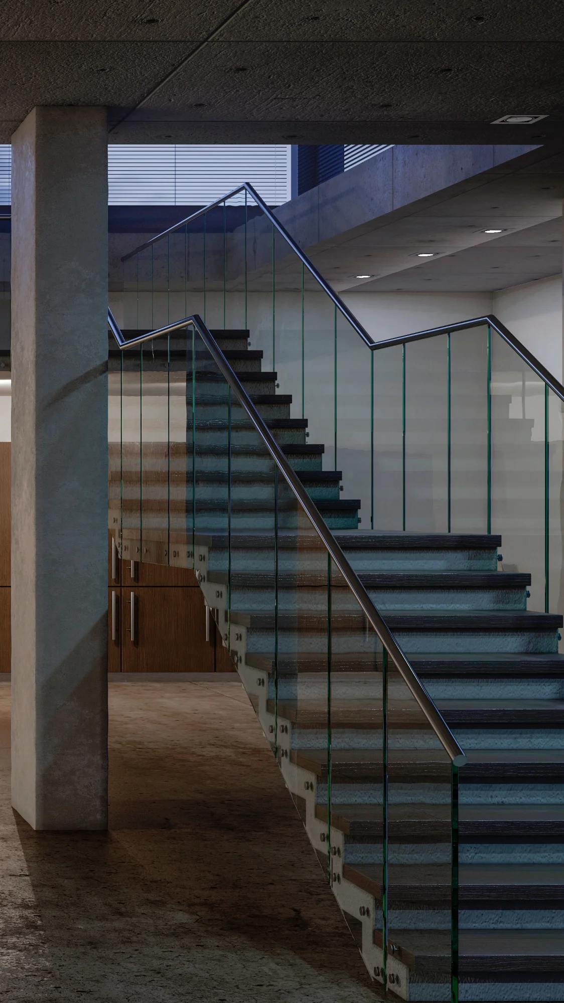 A contemporary double stringer staircase with two side supports